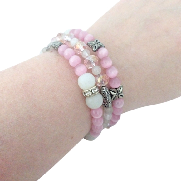 Pink Cat's Eye and White Jade Beaded Wrap Bracelet - Picture 3 of 3